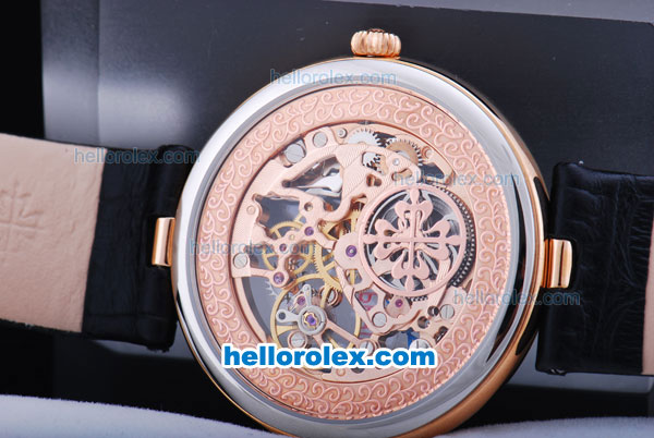 Patek Philippe Skeleton Manual Winding Movement With Rose Gold Case and Leather Strap - Click Image to Close